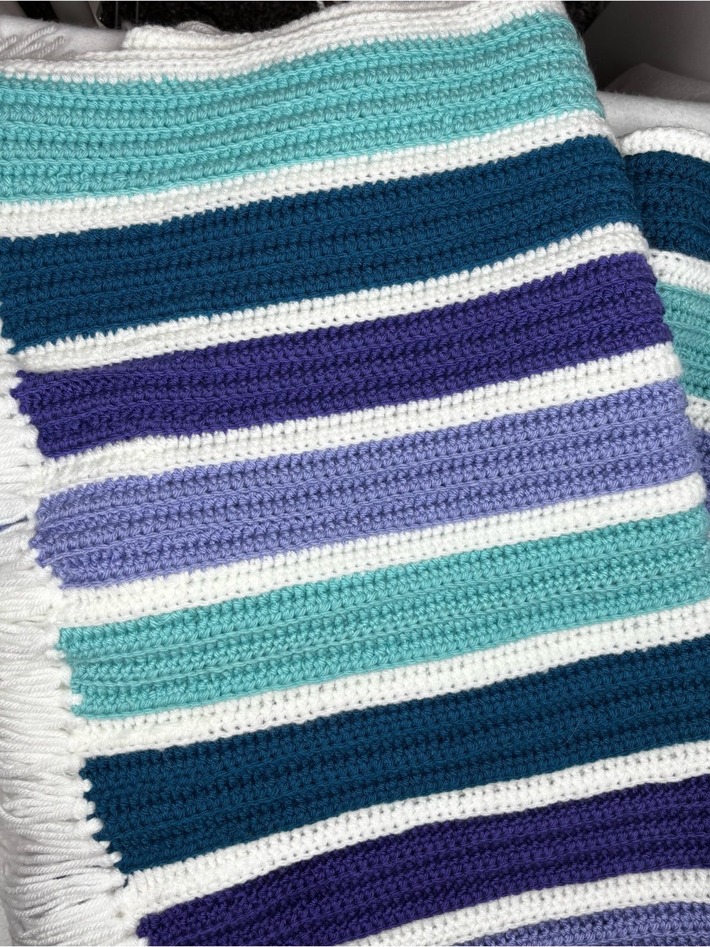 Striped Crochet Blanket in Teal White Purple Sofa Throw Fringed Cozy Handmade